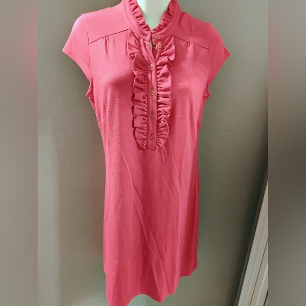 Women's Lilly Pulitzer Size Medium Knee Length Shift Dress Pink Button Ruffles